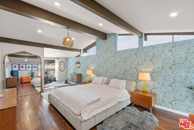 bedroom featuring lofted ceiling with beams and dark hardwood / wood-style flooring