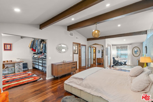 bedroom featuring vaulted ceiling with beams and dark wood-type flooring