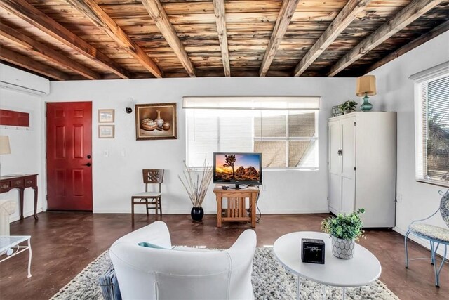 living room featuring beam ceiling, a wall mounted AC, and wood ceiling