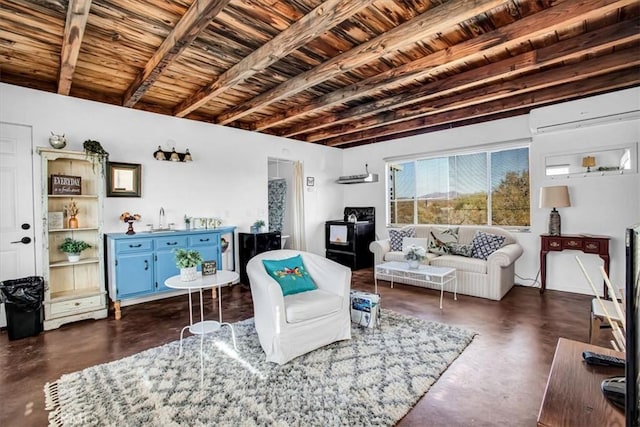 living room featuring wooden ceiling, sink, beamed ceiling, and a wall mounted air conditioner