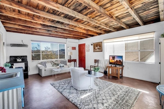 living room featuring an AC wall unit, beamed ceiling, a fireplace, sink, and wooden ceiling