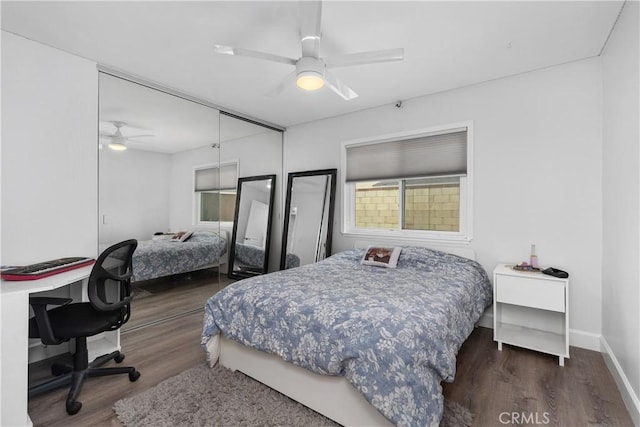 bedroom with ceiling fan, dark hardwood / wood-style flooring, and a closet