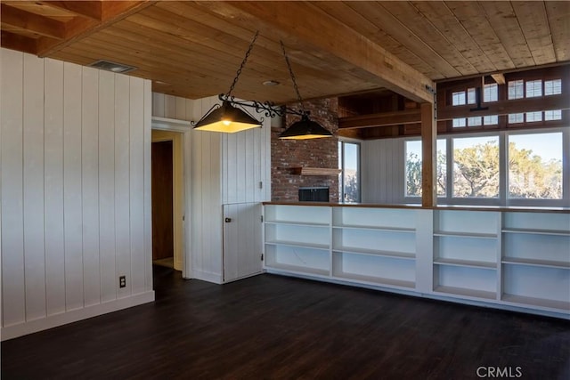 kitchen with wood ceiling, decorative light fixtures, wooden walls, dark hardwood / wood-style floors, and a brick fireplace