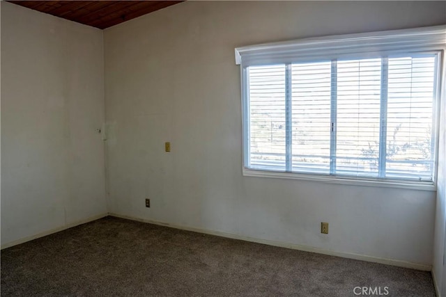 empty room featuring wooden ceiling and carpet flooring