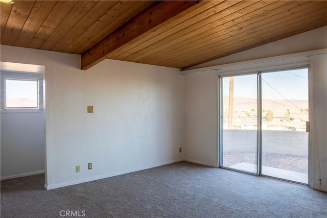 spare room featuring wood ceiling, carpet floors, and lofted ceiling with beams