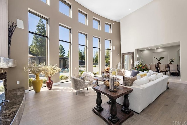 living room with a premium fireplace, light hardwood / wood-style flooring, and a high ceiling