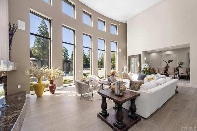 1107 Majestad Ln, Chula Vista, CA 91910 - living room with a high end fireplace, plenty of natural light, wood-type flooring, and a high ceiling