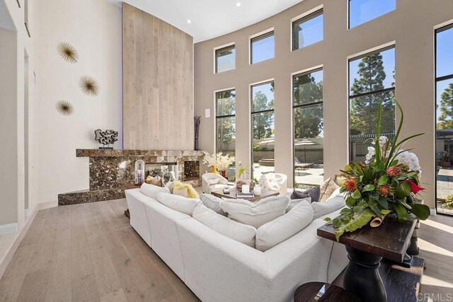 1107 Majestad Ln, Chula Vista, CA 91910 - living room with light wood-type flooring, baseboards, recessed lighting, and a high ceiling