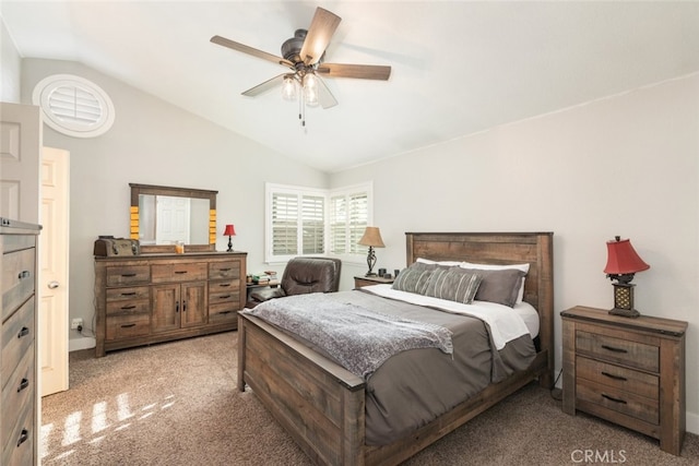 bedroom featuring ceiling fan, lofted ceiling, and carpet flooring