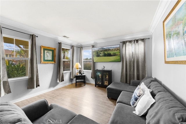 living room with ornamental molding and light hardwood / wood-style flooring