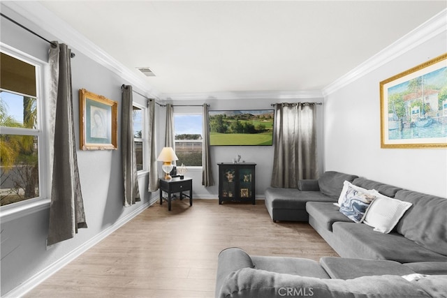 living room featuring ornamental molding and light hardwood / wood-style floors