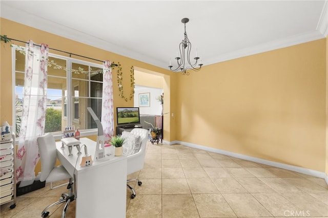 tiled office space with crown molding and an inviting chandelier