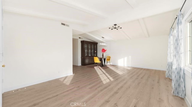 unfurnished living room with light hardwood / wood-style flooring and lofted ceiling with beams