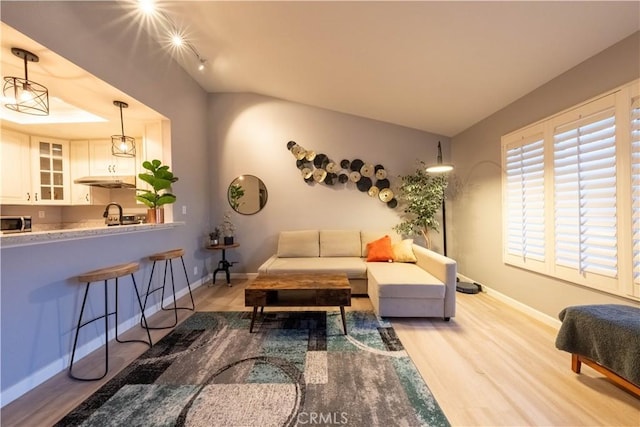 living room with light wood-type flooring and sink