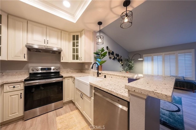 kitchen with sink, stainless steel appliances, kitchen peninsula, pendant lighting, and a kitchen bar