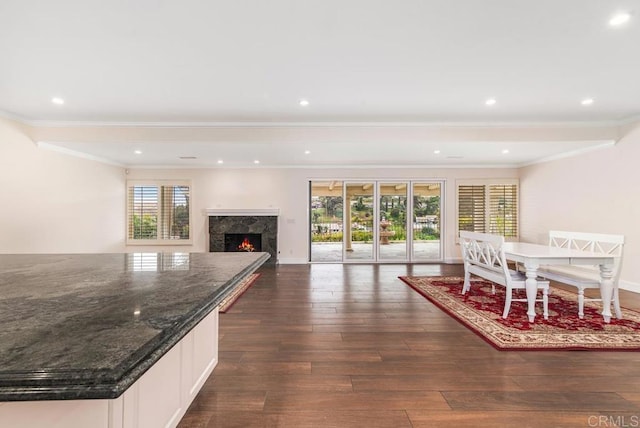 interior space with a wealth of natural light, a fireplace, and ornamental molding