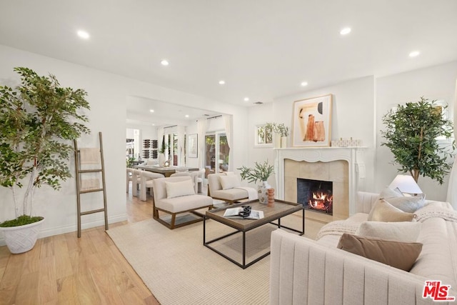 living room with light hardwood / wood-style floors and a tile fireplace