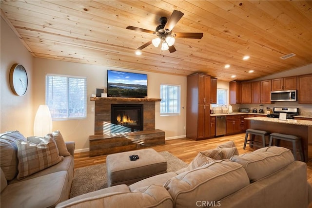 living room with light wood-type flooring and wood ceiling