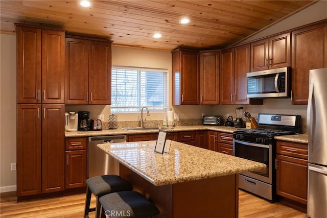 kitchen featuring a center island, wood ceiling, stainless steel appliances, sink, and light wood-type flooring