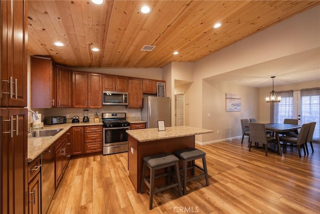 kitchen with a kitchen island, sink, hanging light fixtures, wood ceiling, and appliances with stainless steel finishes