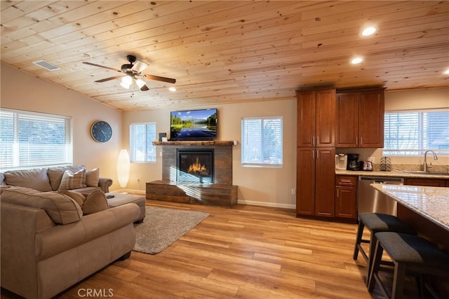 living room featuring ceiling fan, vaulted ceiling, light hardwood / wood-style floors, sink, and wooden ceiling