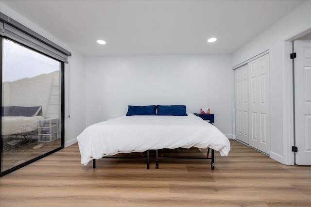 bedroom with hardwood / wood-style flooring and a closet