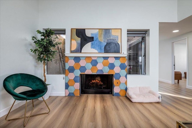 living area with hardwood / wood-style floors