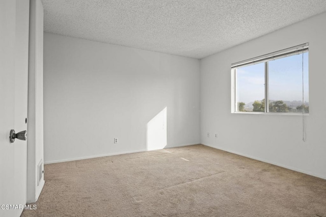 unfurnished room with a textured ceiling and light colored carpet