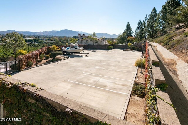 view of patio / terrace featuring a mountain view