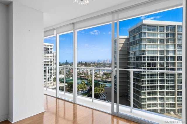 empty room with floor to ceiling windows and hardwood / wood-style floors