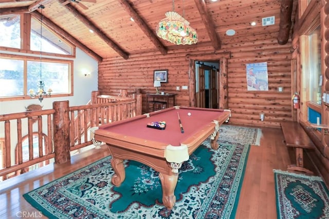 game room with wooden ceiling, billiards, log walls, and beamed ceiling