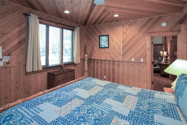 bedroom with wooden ceiling and wooden walls