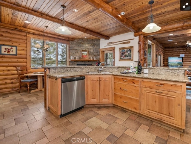 kitchen with decorative light fixtures, light brown cabinetry, dishwasher, rustic walls, and beam ceiling