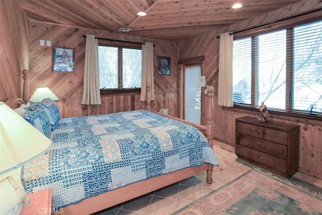 tiled bedroom featuring wood ceiling, wooden walls, and multiple windows