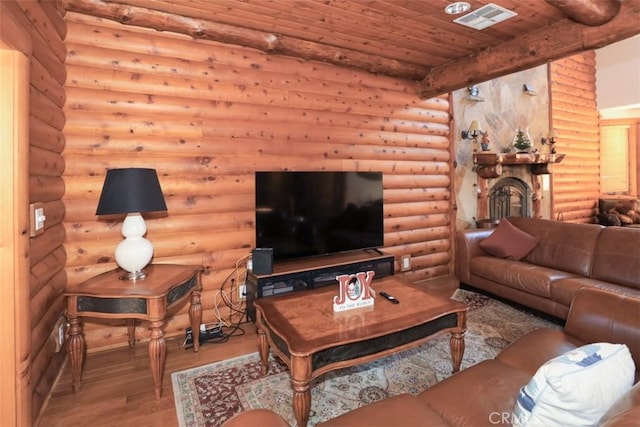 living room featuring beam ceiling, wood-type flooring, wood ceiling, and rustic walls