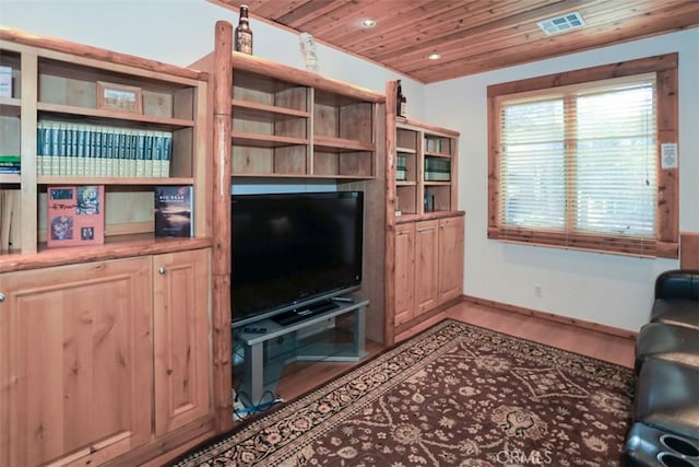 living room with wood-type flooring and wood ceiling