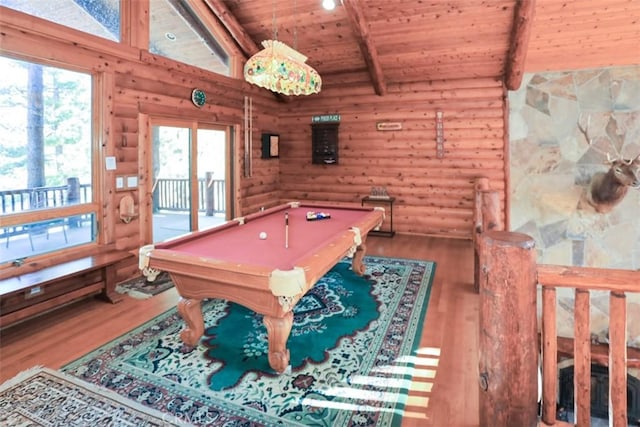 rec room with hardwood / wood-style floors, beam ceiling, log walls, pool table, and wooden ceiling