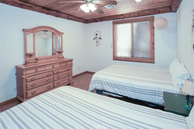 carpeted bedroom featuring wooden ceiling and ceiling fan