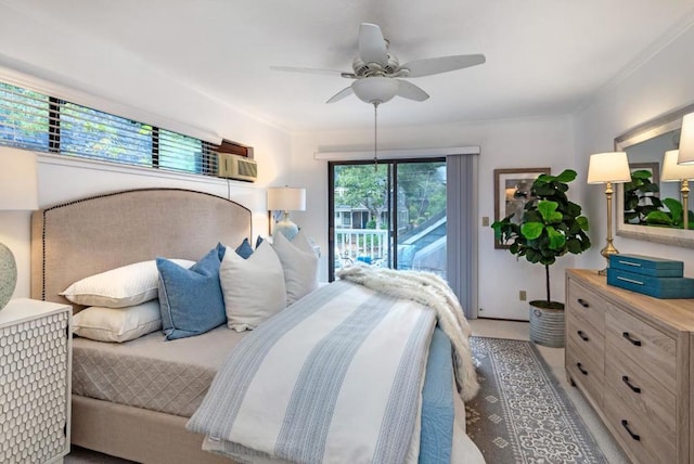 bedroom featuring access to exterior, a wall mounted air conditioner, ceiling fan, and carpet flooring