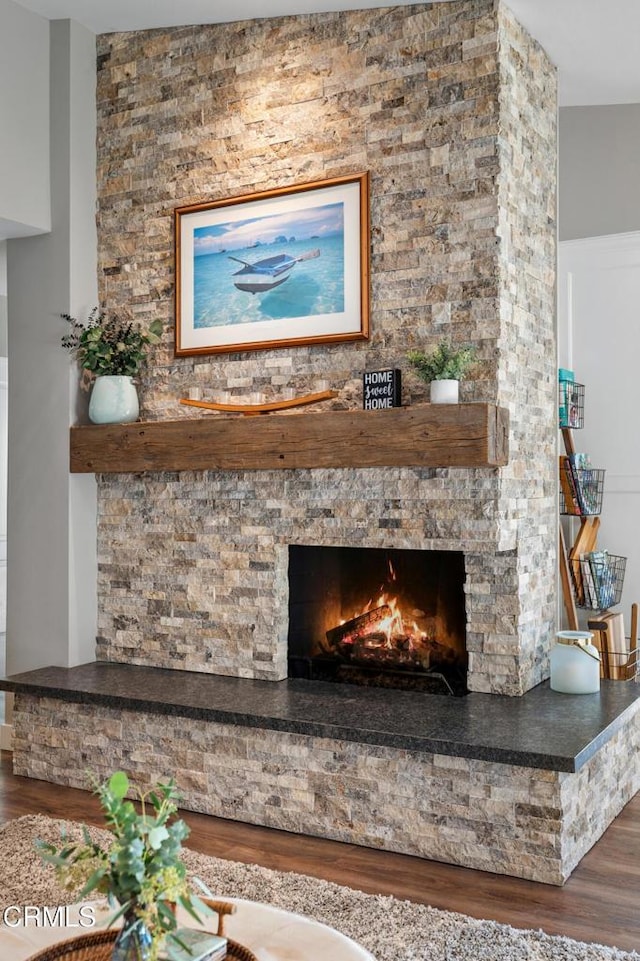 room details featuring a stone fireplace and hardwood / wood-style floors