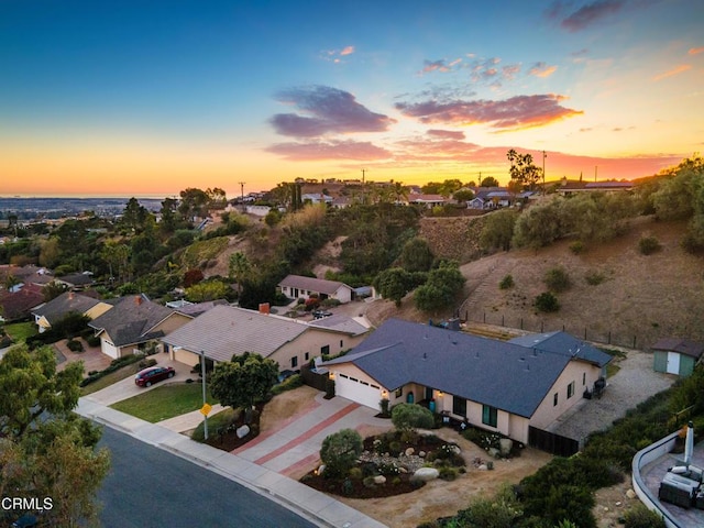 view of aerial view at dusk