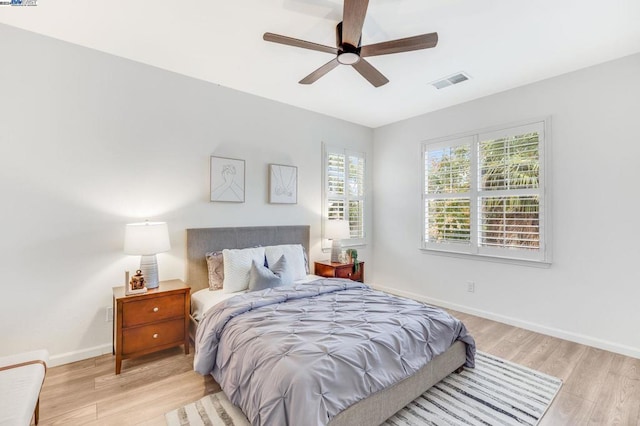 bedroom featuring ceiling fan and light hardwood / wood-style floors