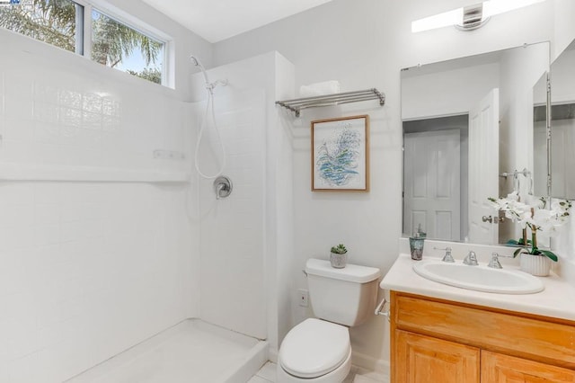 bathroom with toilet, vanity, and walk in shower