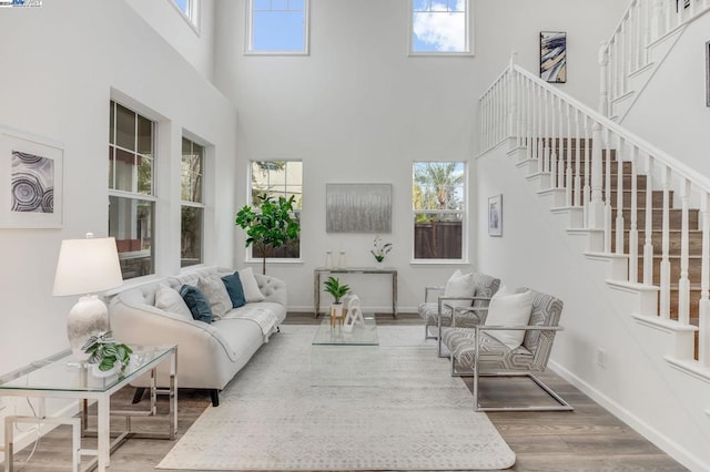 living room featuring a high ceiling and hardwood / wood-style flooring