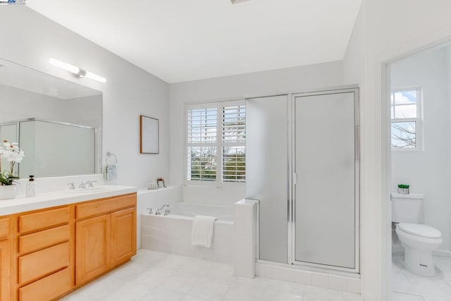 full bathroom with toilet, vanity, plus walk in shower, and a healthy amount of sunlight