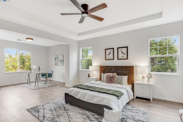 bedroom with ceiling fan, light hardwood / wood-style floors, and a tray ceiling