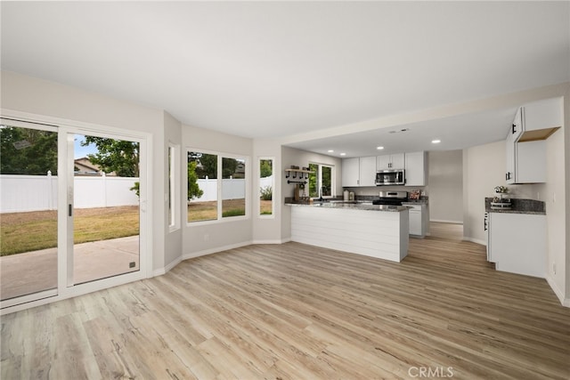 kitchen featuring white cabinetry, light hardwood / wood-style floors, kitchen peninsula, appliances with stainless steel finishes, and sink