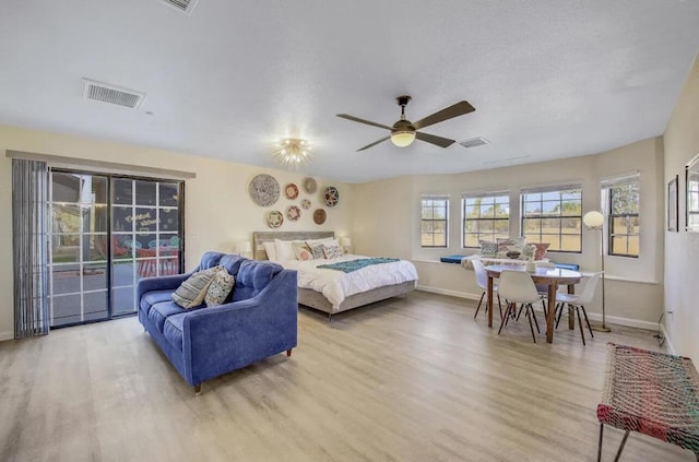 bedroom featuring ceiling fan and light wood-type flooring