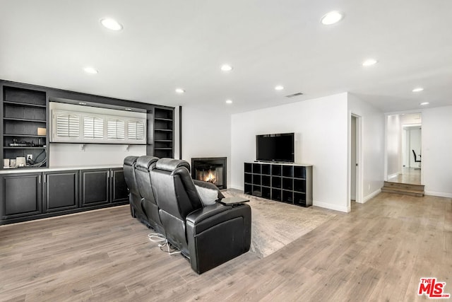 living room featuring light wood-type flooring and built in features