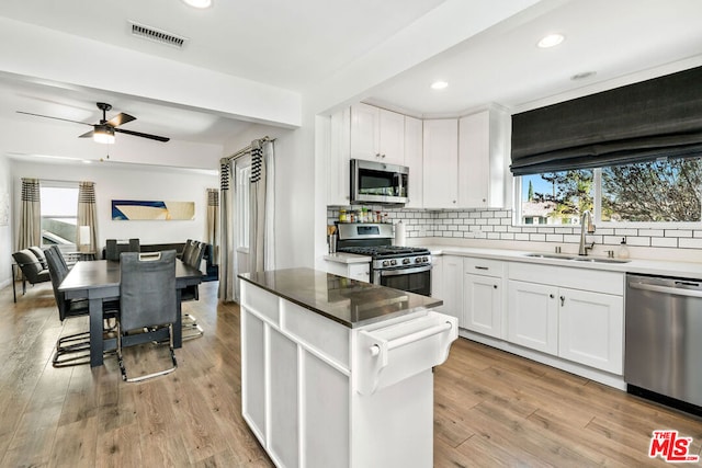 kitchen featuring backsplash, sink, white cabinetry, light wood-type flooring, and appliances with stainless steel finishes